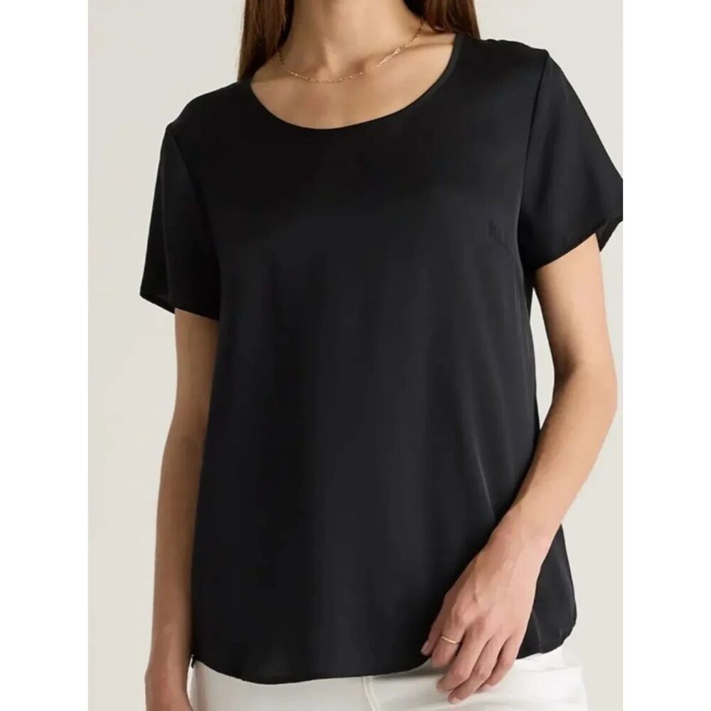Quince Washable Silk Black Short-Sleeve Round-Neck Blouse Tee M
